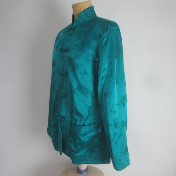 Vtg Solz Squirrel Womens M Turquoise Black Reversible Kimono Satin Jacket Blazer - Picture 3 of 13
